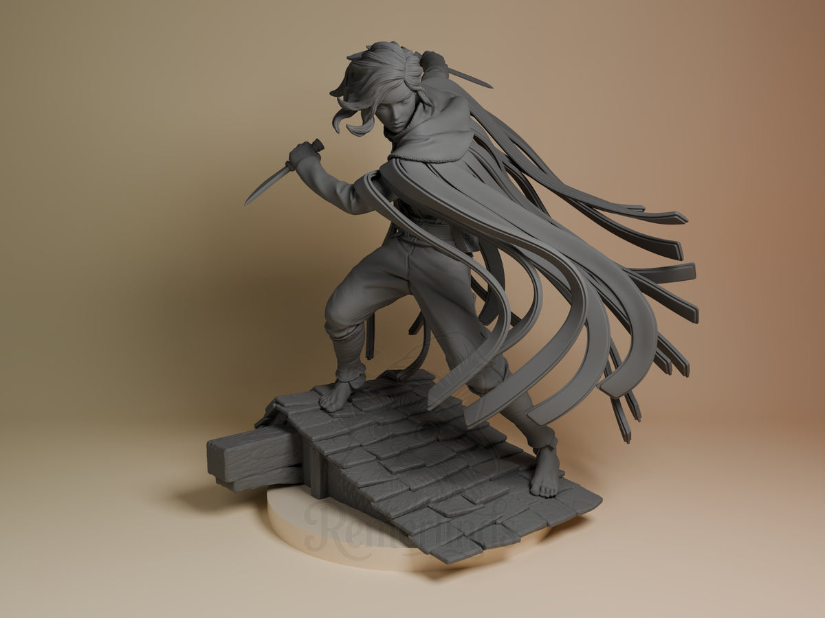 Vin from Mistborn is front-facing, crouched with daggers on a sculpted base as an unpainted resin figure.