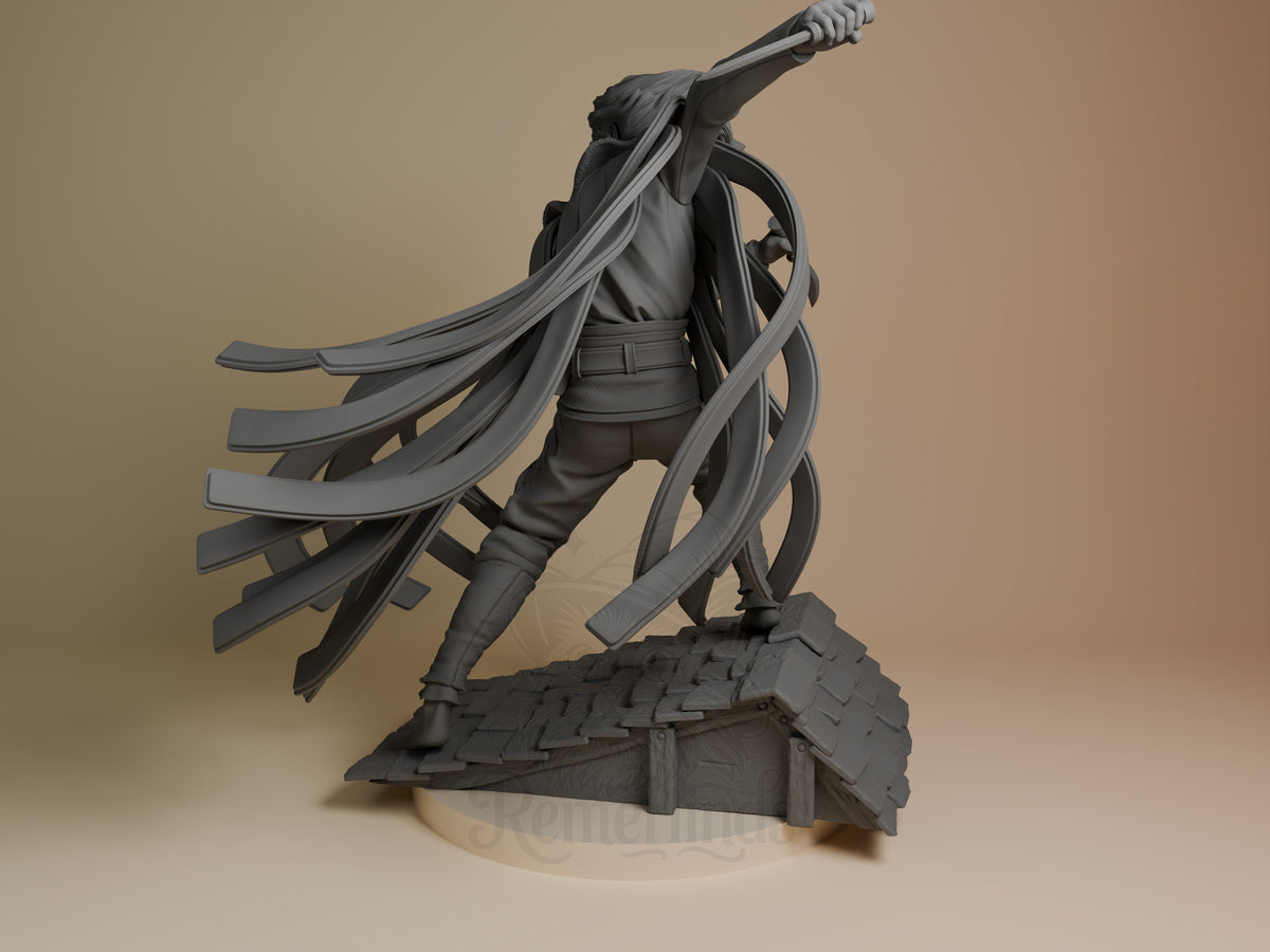 Vin from Mistborn is an unpainted resin figure in a sword pose on a sculpted rooftop base.