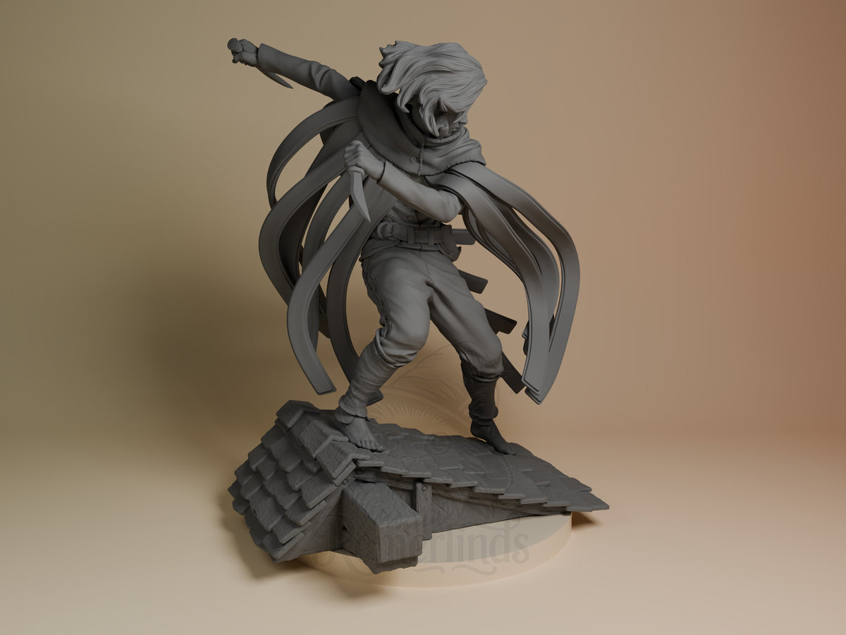 Unpainted Vin from Mistborn resin figure lunges with a knife and flowing strips on a sculpted tiled base.