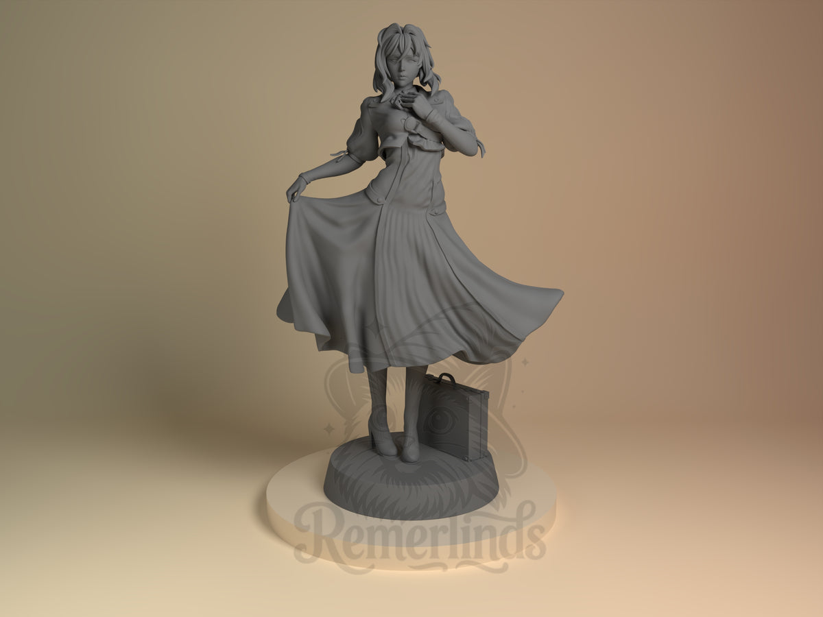 Violet Evergarden from Violet Evergarden stands front-facing as an unpainted resin figure with a flowing skirt on a suitcase.