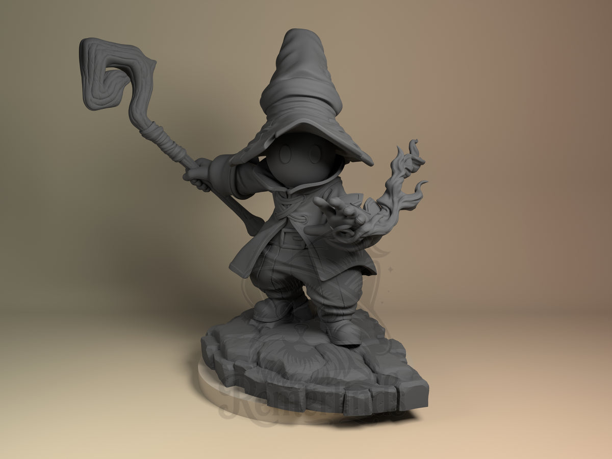 Vivi Ornitier from Final Fantasy faces forward as an unpainted resin figure with raised staff, magic hand, and sculpted base.