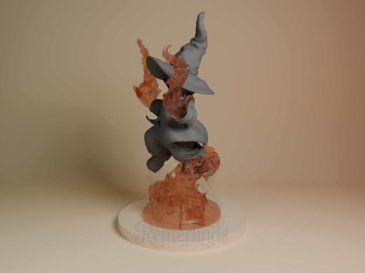 Vivi Ornitier resin figure from Final Fantasy at angle view, showing painted gray outfit and unpainted red flame details on cream base.