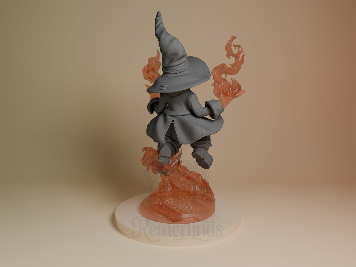 Vivi Ornitier resin figure from Final Fantasy shown from back, mid-jump pose with gray painted body, unpainted orange flame effects, cream base.