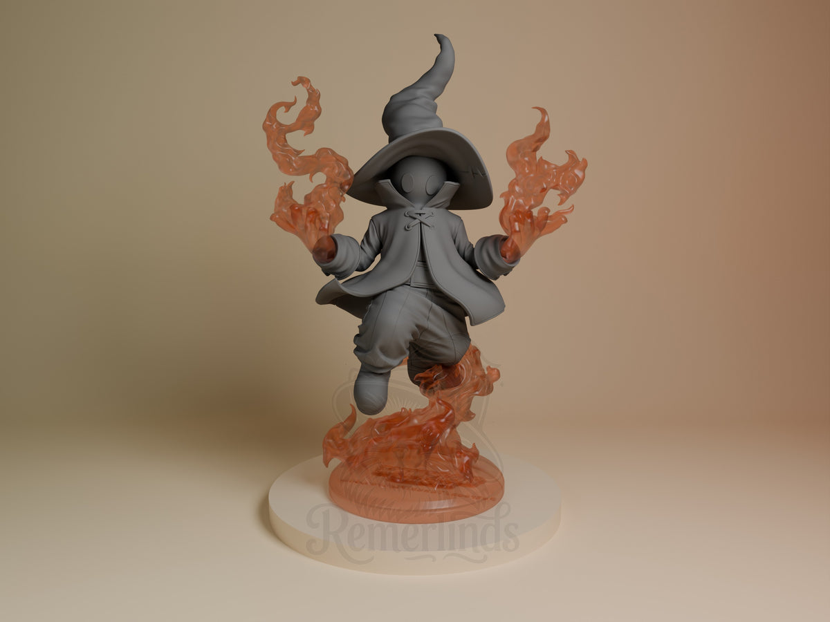 Vivi Ornitier from Final Fantasy stands centered on a flame base, wearing his iconic black coat and hat, with red fire effects held in both hands, unpainted gray resin figure.