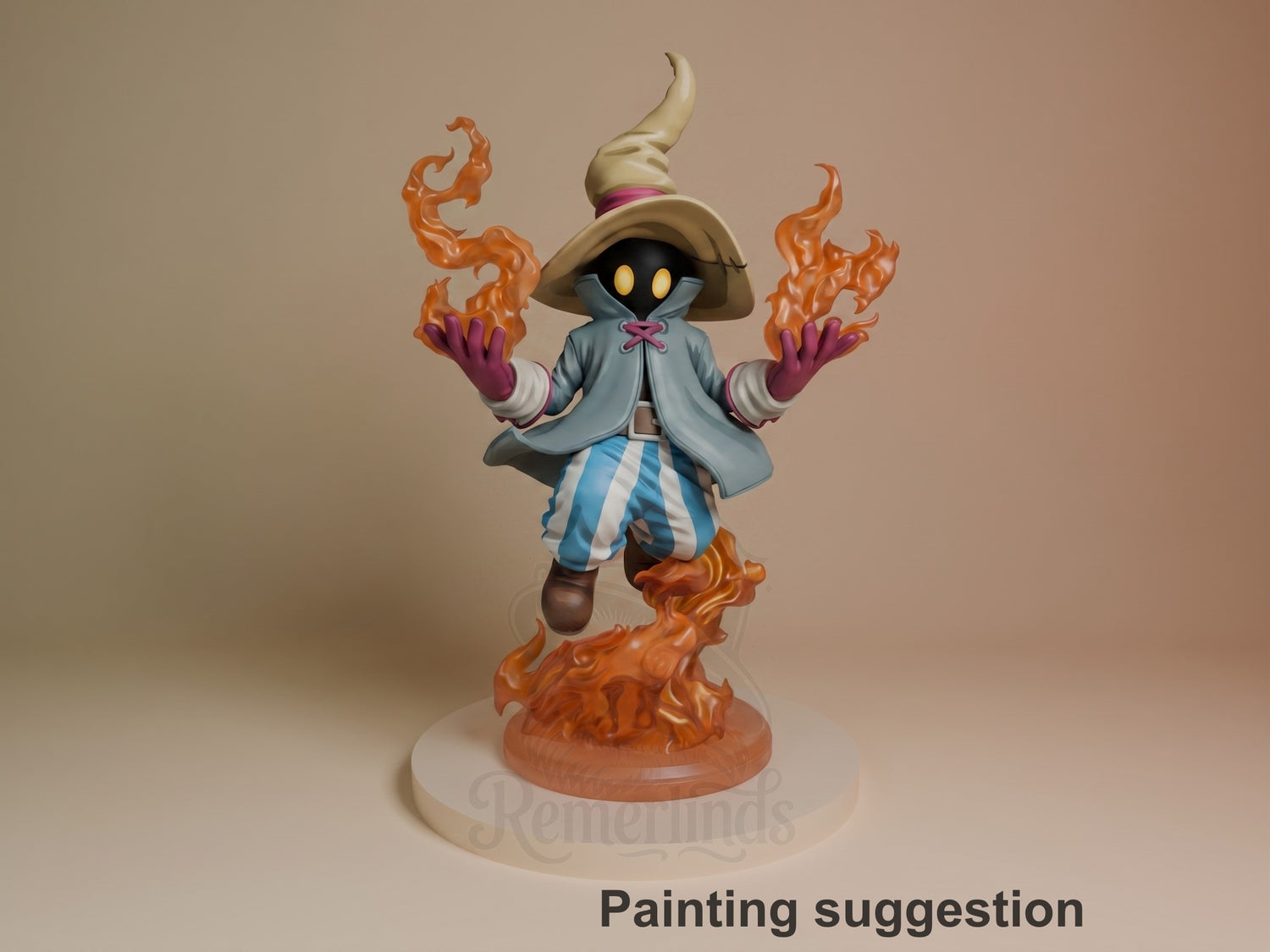 Vivi Ornitier resin figure from Final Fantasy in painted color form, posed mid-cast with flames erupting from base, wearing hat and cloak with outstretched arms.