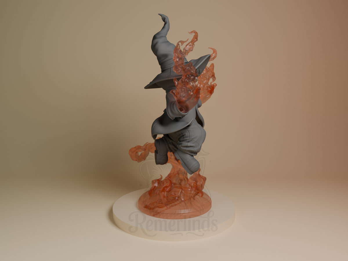 Vivi Ornitier resin figure from Final Fantasy, shown from the right side in dynamic pose with black mage outfit and unpainted flame base effects.