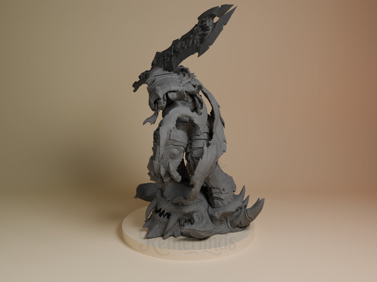 War from Darksiders resin figure shown from the side, unpainted gray, wielding large sword overhead, detailed armor and spiky base.