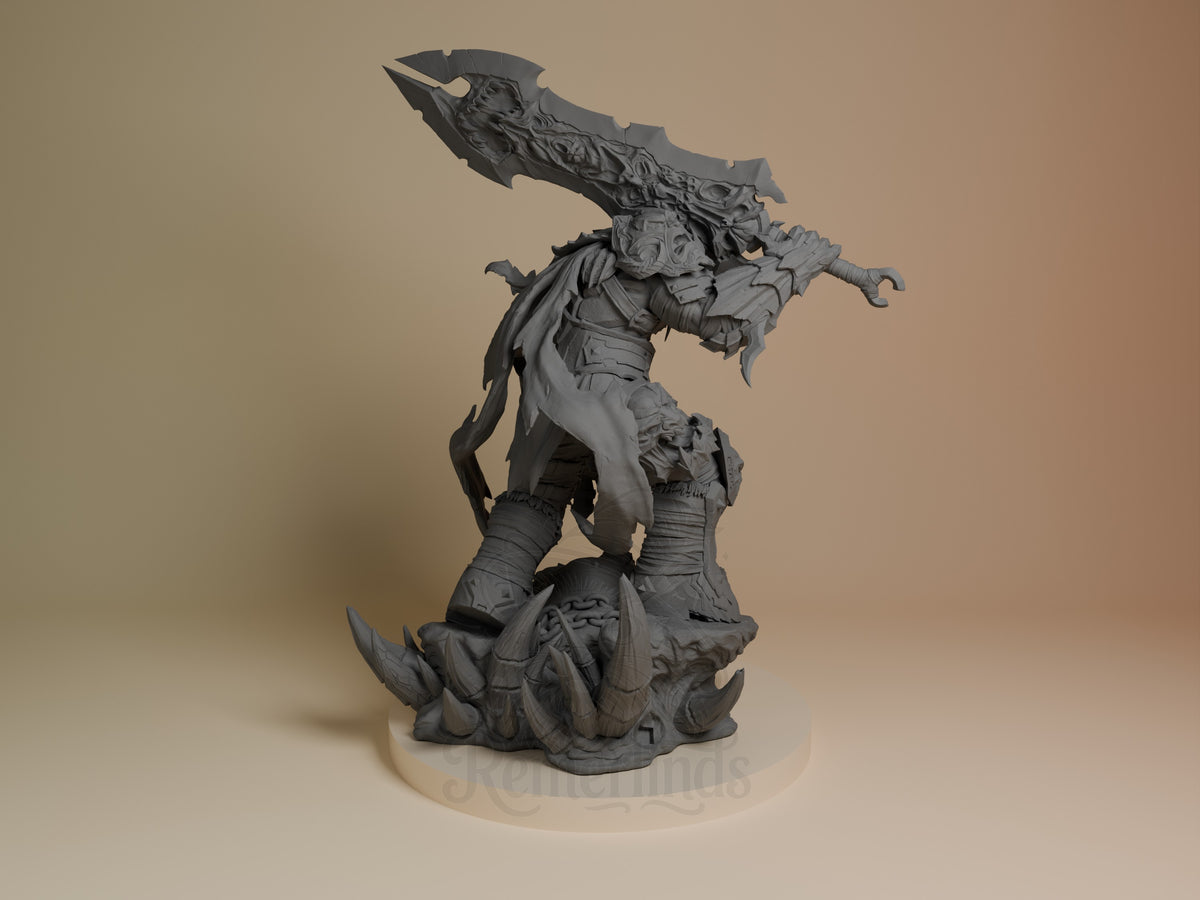War from Darksiders resin figure shown from back, wielding large axe overhead, detailed armor and cape, unpainted gray finish, rocky base.