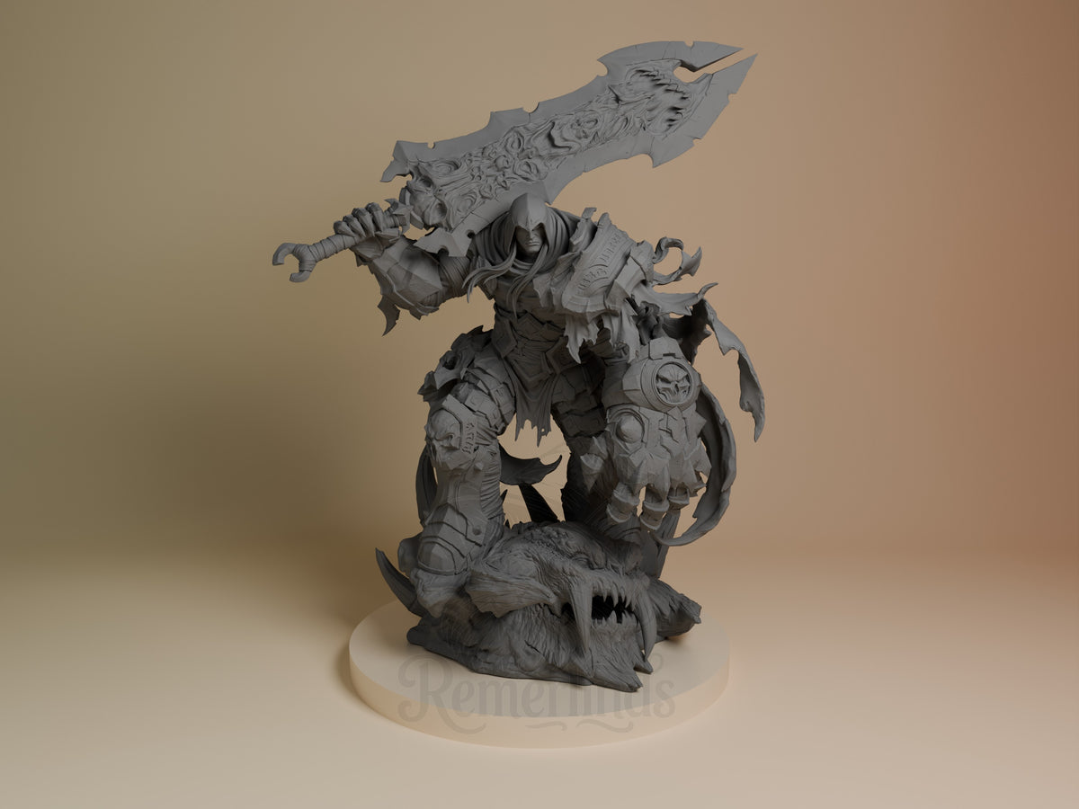 War from Darksiders resin figure shown front-facing, wielding large sword, detailed armor and clawed gauntlets, unpainted gray finish, mounted on cream base.