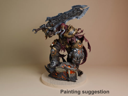 War from Darksiders resin figure standing on lava base, wielding massive ornate sword overhead, painted in burgundy and gold armor with glowing details.