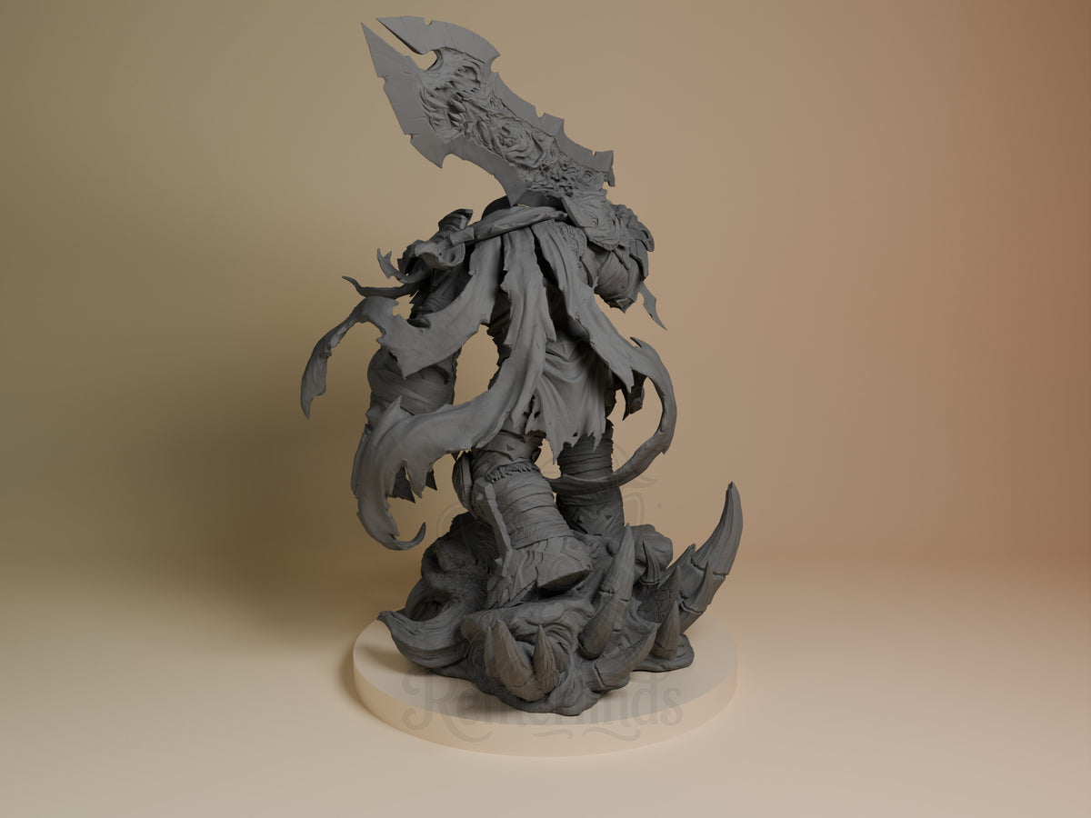 War from Darksiders resin figure shown from left angle, wielding large axe overhead, unpainted gray detail, dynamic pose on base.