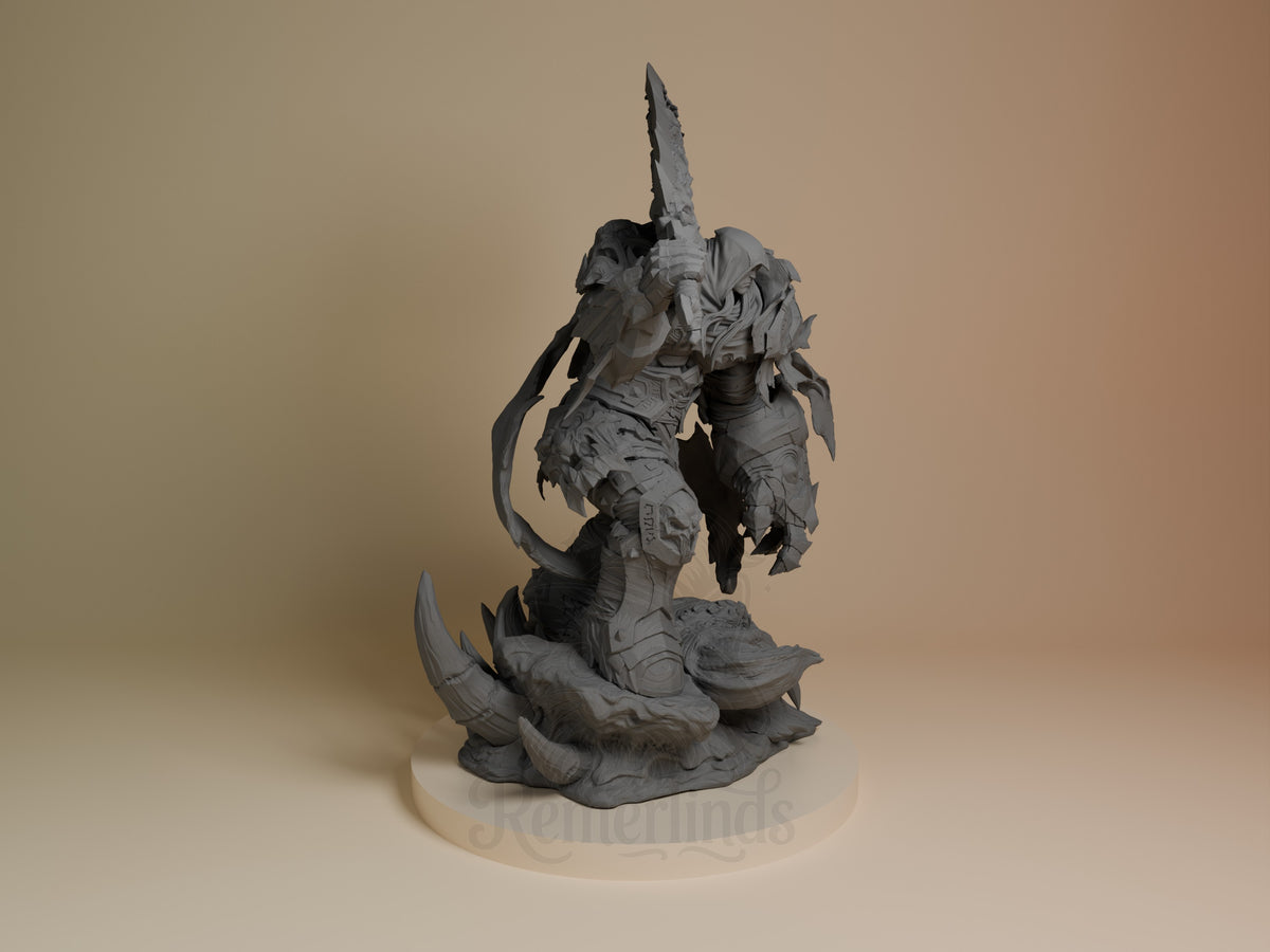 War from Darksiders resin figure shown from right side, unpainted gray, wielding sword overhead with clawed gauntlets, spiky armor detail, cream base.
