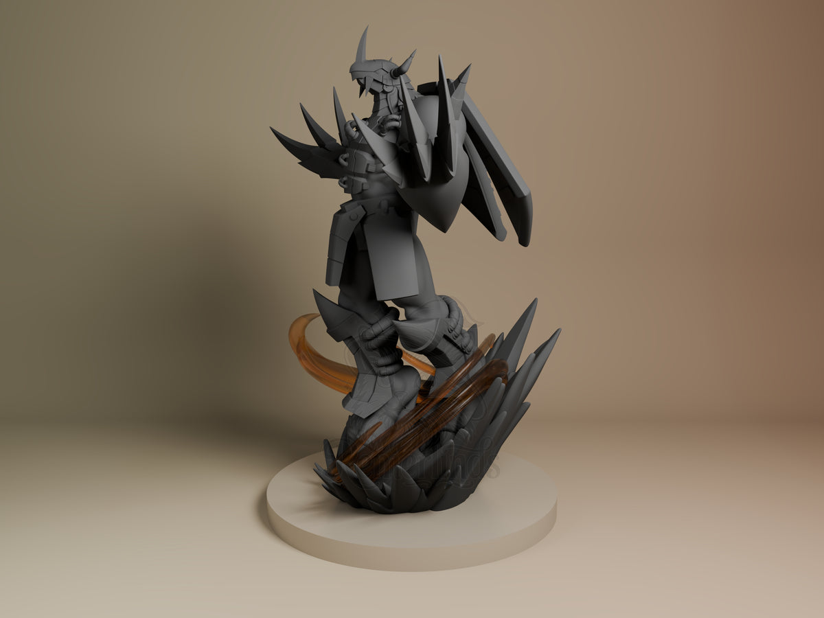 Flame-Armored Dragon-Knight Cybermon 3D printed resin figure by Nomnom, angled view showing dimensional details.