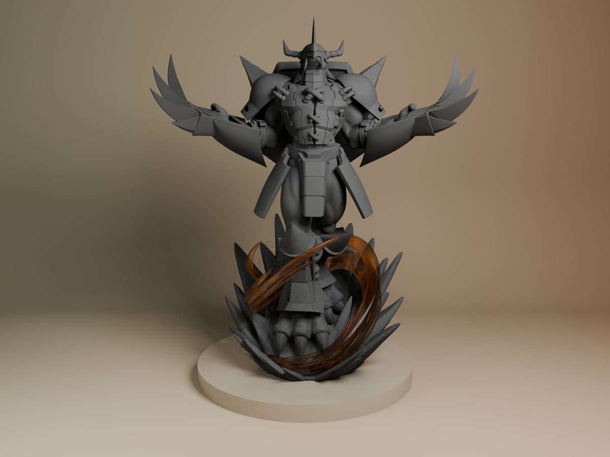 Flame-Armored Dragon-Knight Cybermon 3D printed resin figure by Nomnom, unpainted front view. This figure depicts a flame-armored dragon-knight character standing powerfully with arms outstretched, as if summoning or commanding energy. The miniature features prominent claw-like gauntlets, a horned helmet, and detailed angular armor. A swirling translucent flame effect circles the lower body, enhancing the dynamic and imposing presentation on a stylized base.