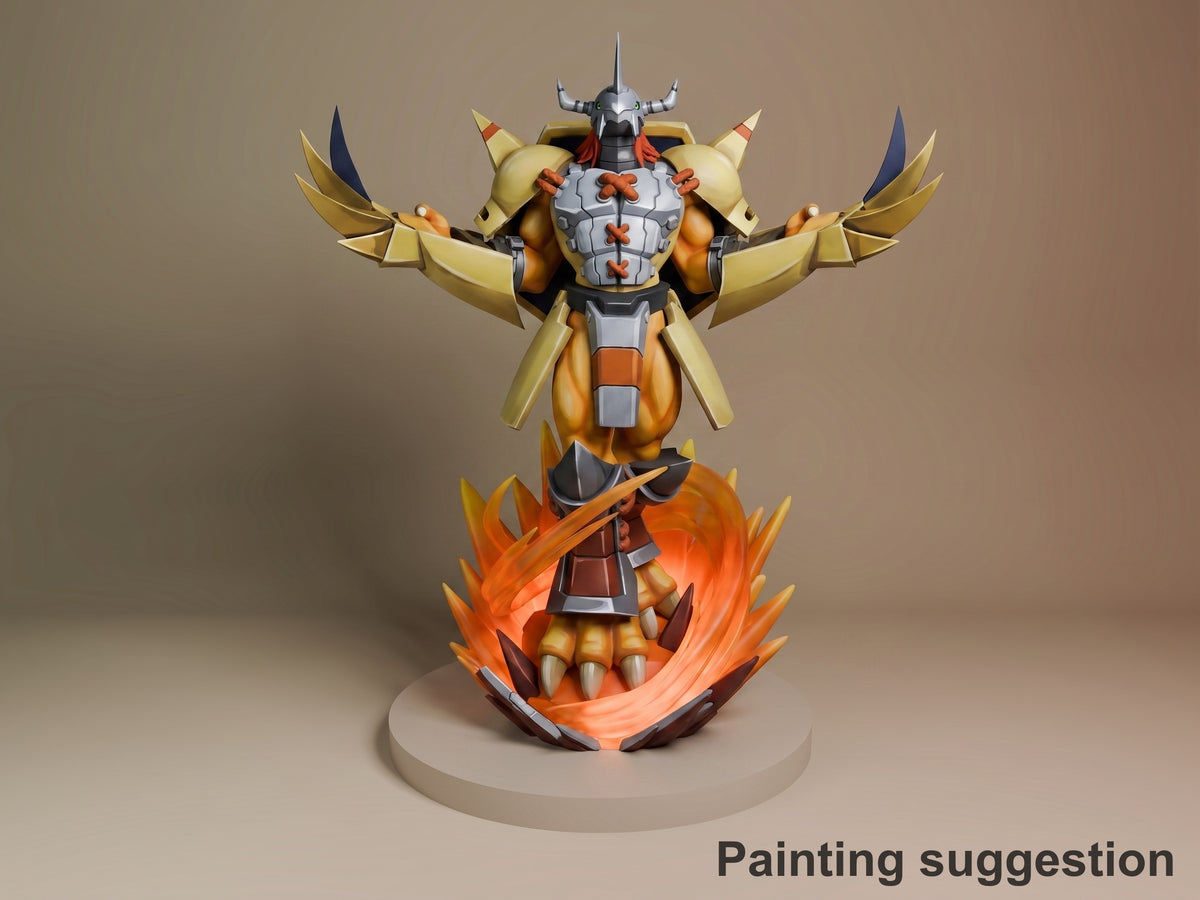 Flame-Armored Dragon-Knight Cybermon 3D printed resin figure by Nomnom, colored view.