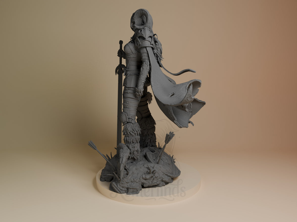 Warrior of the North resin figure shown from angled side view, displaying detailed armor, flowing cape, sword, and textured base with spikes.