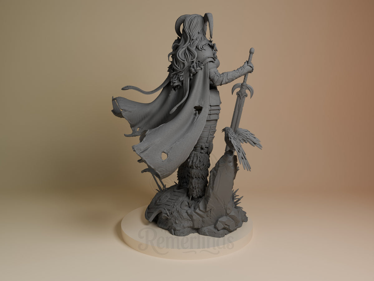 Warrior of the North resin figure shown from back, displaying flowing cape, long hair with horns, sword, and detailed base with sculpted elements.