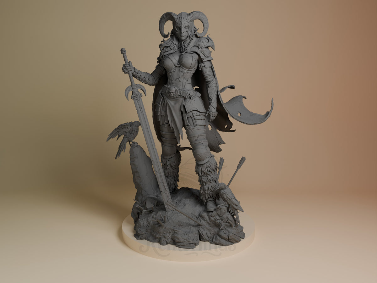 Warrior of the North resin figure shown from front, wielding sword and curved blade, with horned helm and fur-trimmed armor on rocky base, unpainted gray finish.