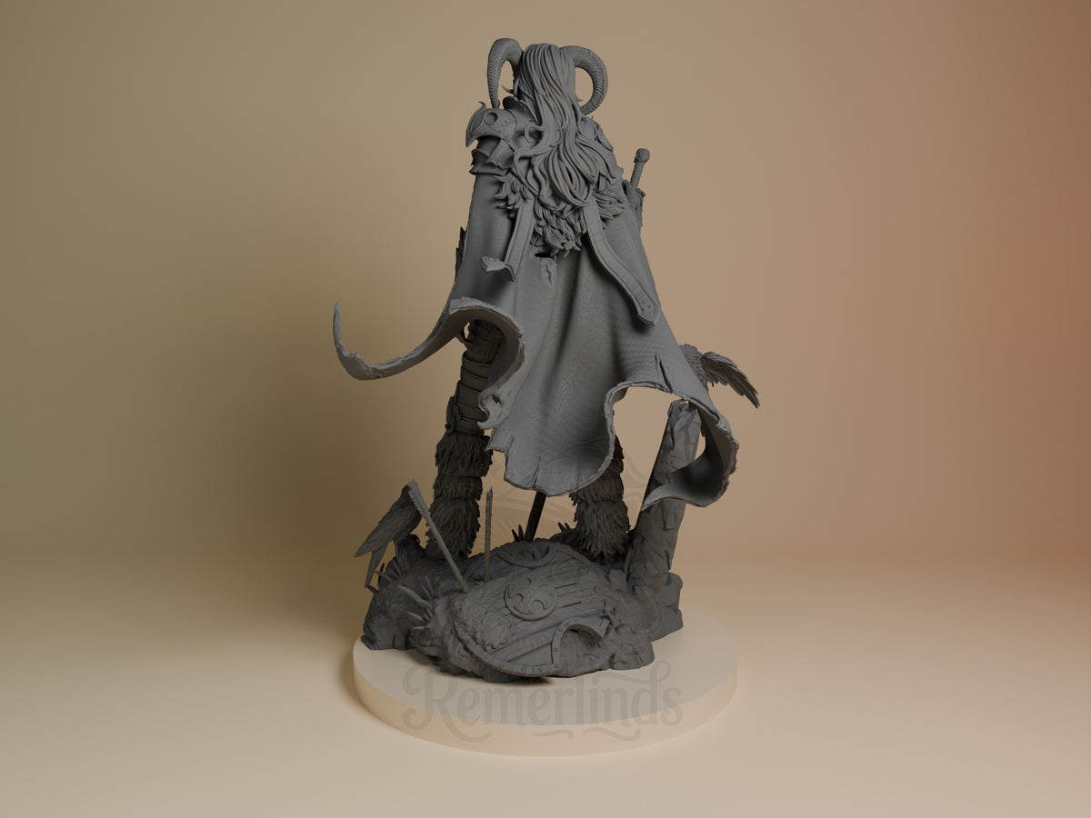 Warrior of the North resin figure shown from left angle, standing upright on rocky base with horned helm and fur-trimmed cloak, unpainted gray finish.