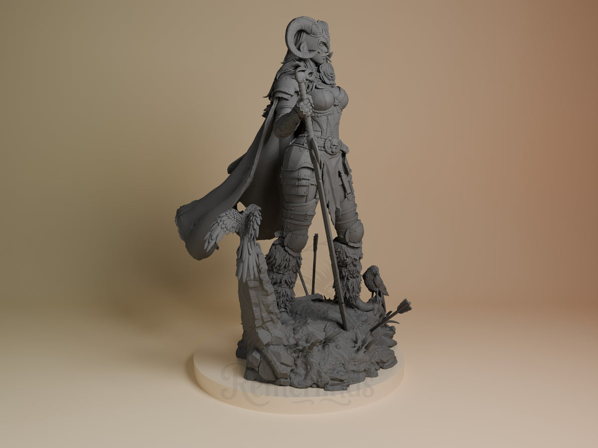 Warrior of the North resin figure shown from right side, standing pose with cape, holding staff on rocky base, unpainted gray finish.
