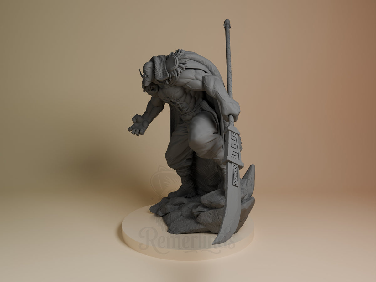 Whitebeard resin figure in dynamic action pose, unpainted gray plastic, showing detailed musculature and horned helm, holding large curved blade, cream base.