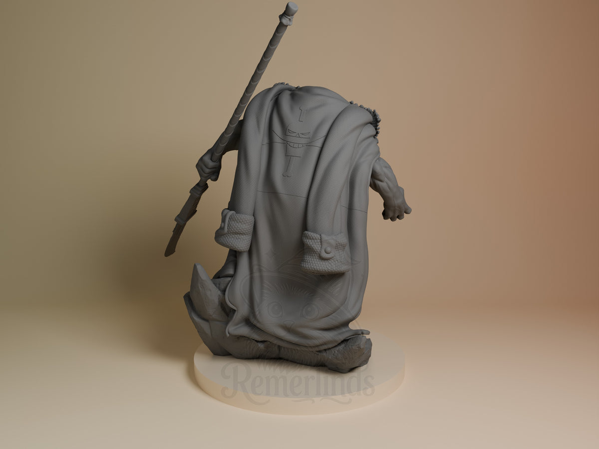 Whitebeard resin figure from One Piece shown from behind, seated with spear across shoulders, unpainted gray prototype on cream base.