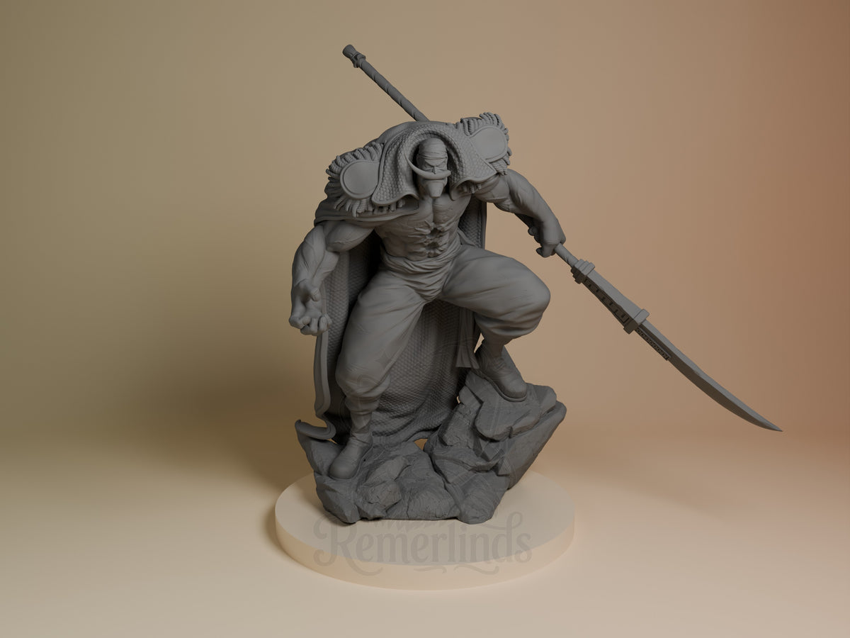 Whitebeard resin figure from One Piece in dynamic crouching pose with katana, unpainted gray resin, rocky base, front view.