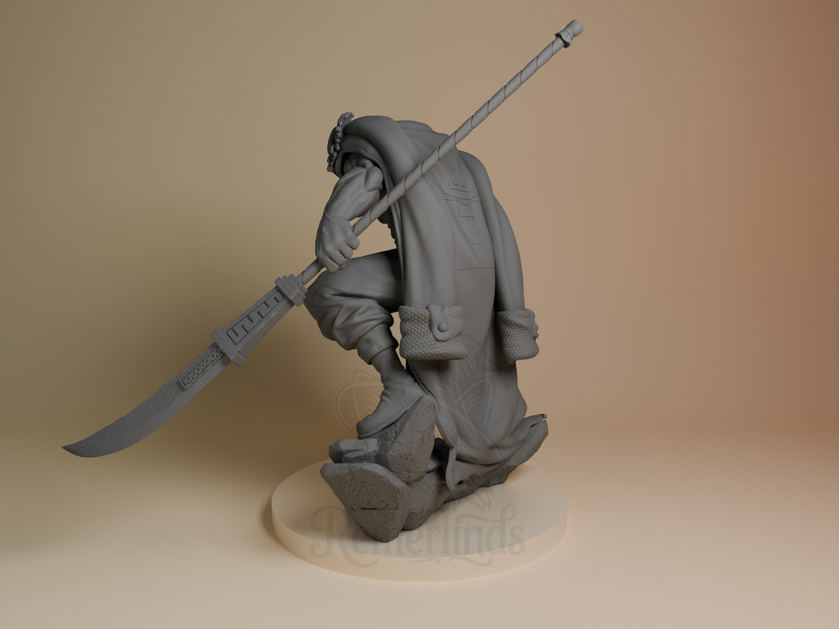 Whitebeard 3D printed resin figure from One Piece in gray unpainted state, posed kneeling with naginata weapon across shoulder, viewed from left angle on round base.