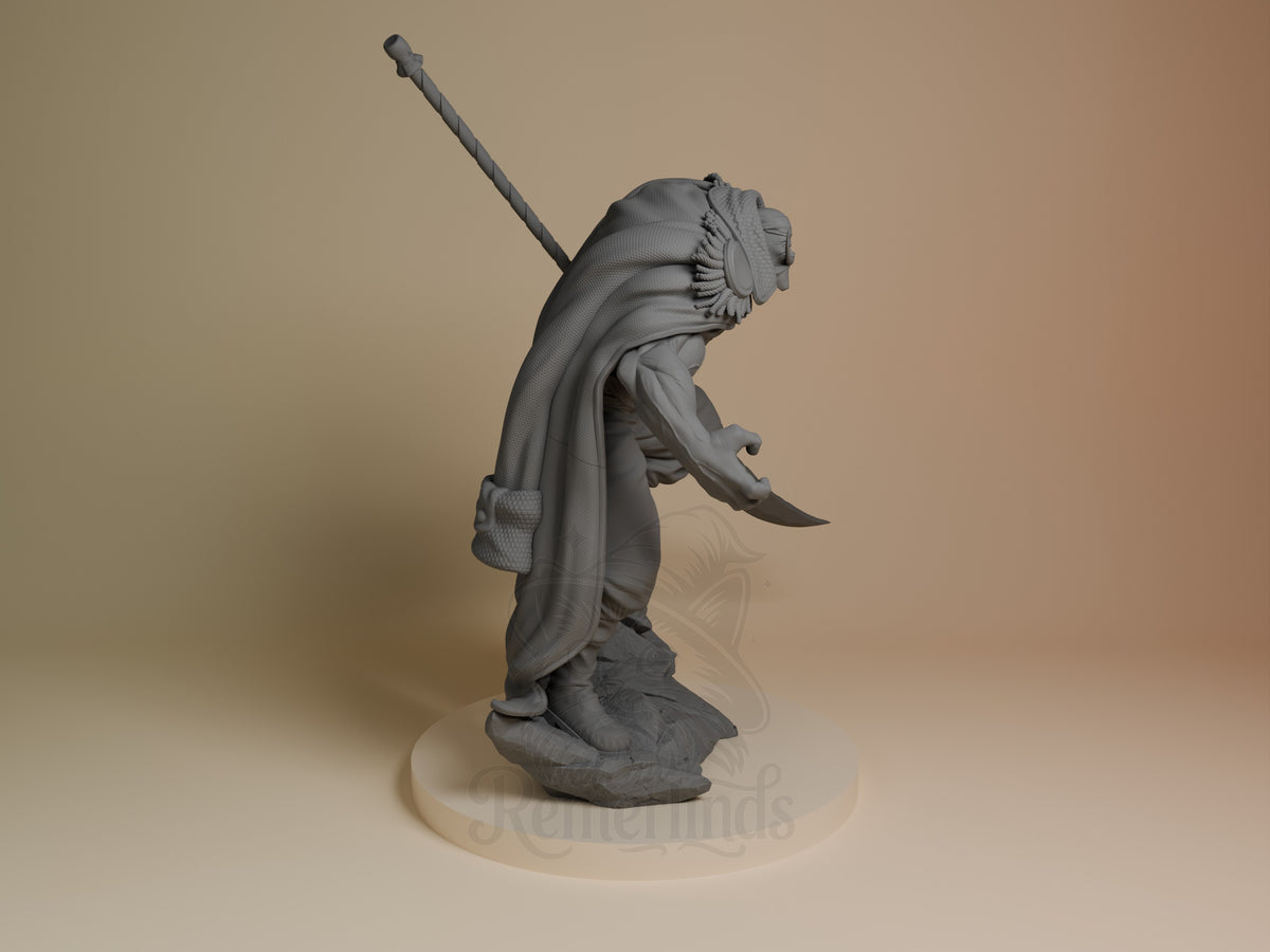 Whitebeard resin figure from One Piece shown from right side, unpainted gray, wielding naginata weapon with flowing cape, on round base.