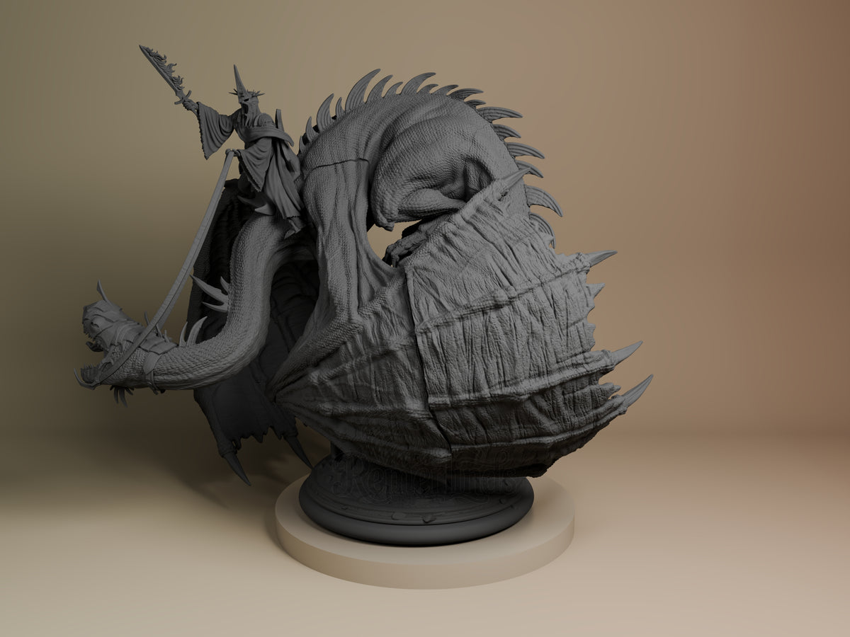 Angled unpainted Witch King of Angmar resin figure from Lord of the Rings on a sculpted base.