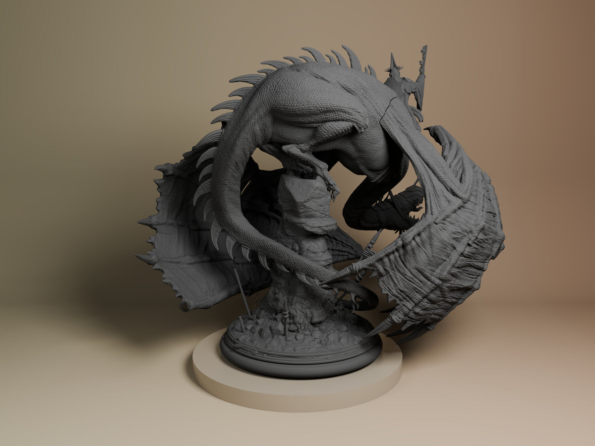 Back view of Witch King of Angmar from Lord of the Rings atop a winged creature on a sculpted base, unpainted resin figure.