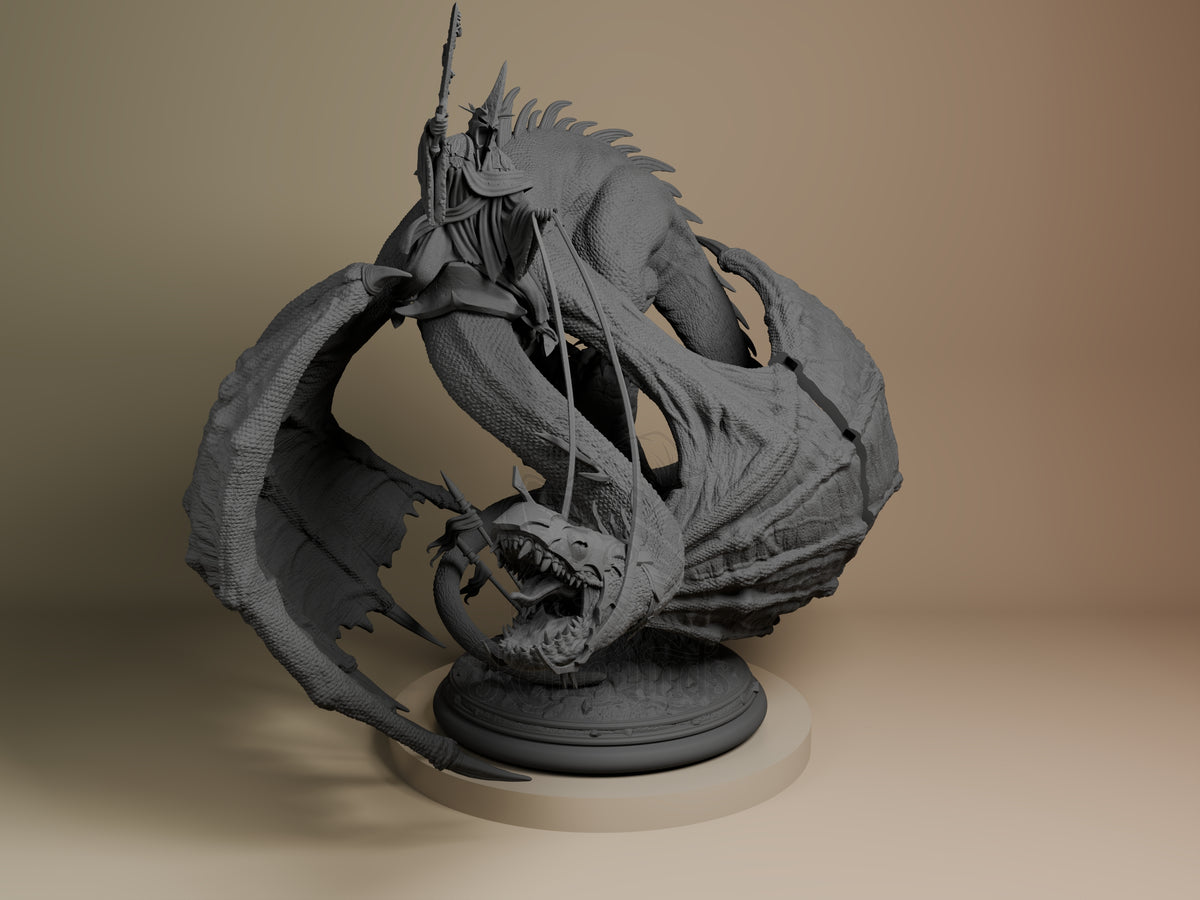 Front three-quarter view of Witch King of Angmar from Lord of the Rings, an unpainted resin figure mounted on a winged beast.