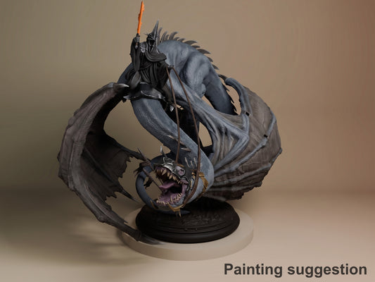 Witch King of Angmar resin figure on black base, mounted on winged beast with open mouth, wielding spear, dramatic side angle view.