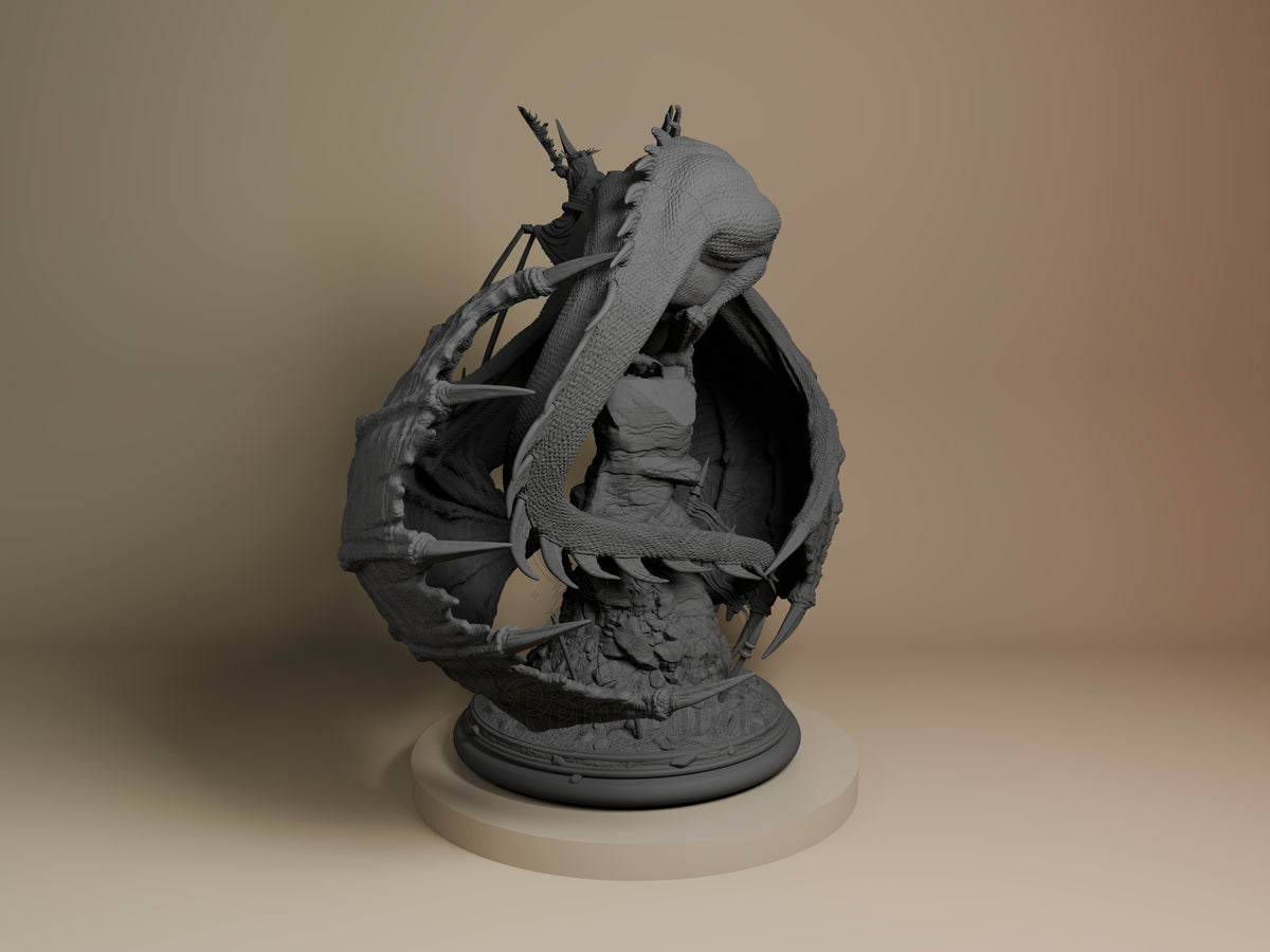 Unpainted resin figure of Witch King of Angmar from Lord of the Rings, shown left-front with cloak, horns, and round sculpt­.