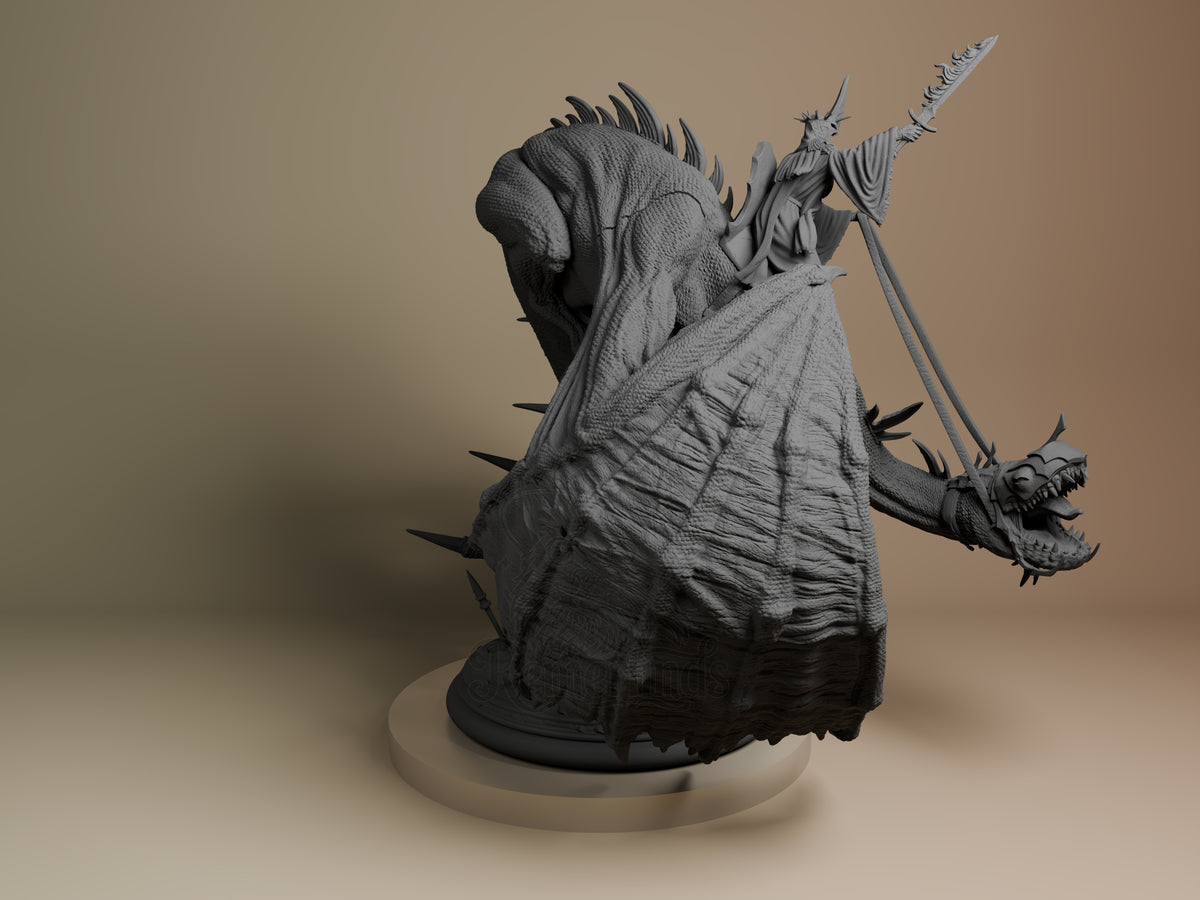 Witch King of Angmar from Lord of the Rings is an unpainted resin figure on a right-facing beast, sword raised on a round, 3?