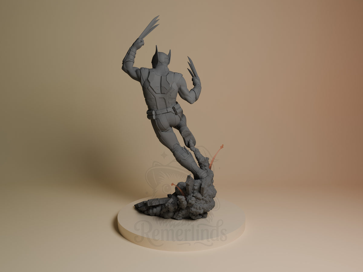 Feral Claw from Heroic Multiverse resin figure shown unpainted from behind, leaping with claws raised on a sculpted rocky...