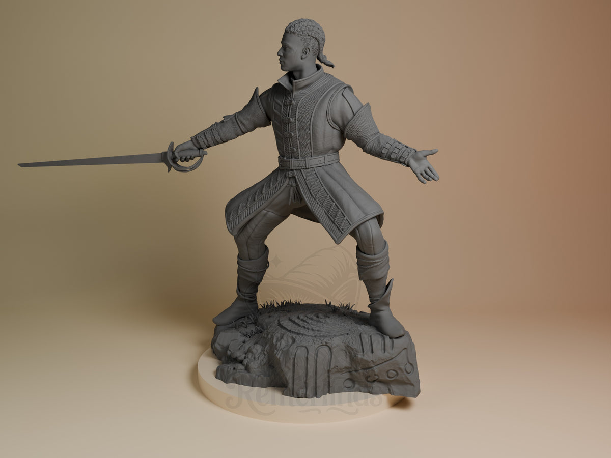 Wyll from Baldur's Gate 3D printed resin figure in dynamic pose wielding sword, unpainted gray resin with detailed base, angled side view.