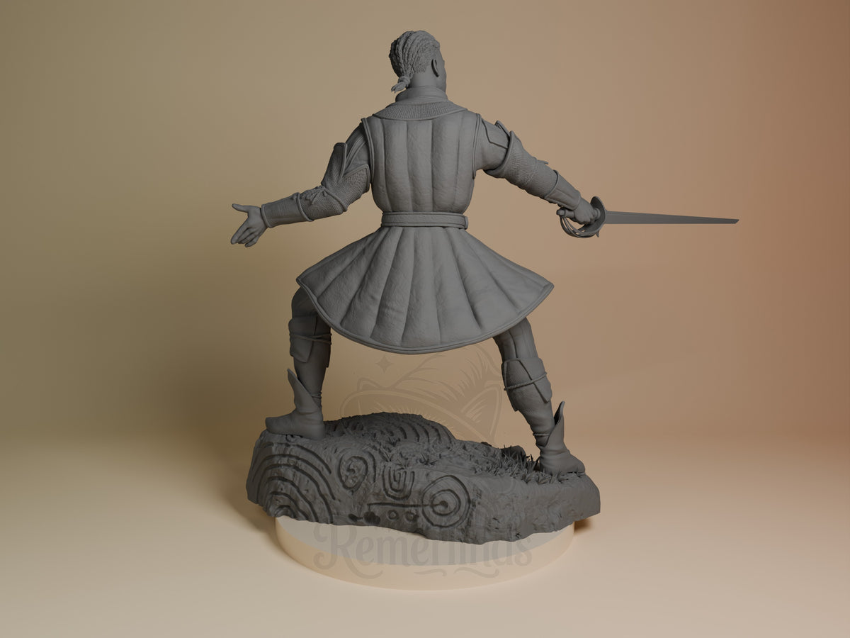 Wyll resin figure from Baldur's Gate shown from behind, wielding sword with arms spread, wearing flowing coat on decorative base.