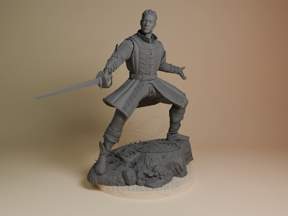Wyll from Baldur's Gate unpainted resin figure in dynamic sword-wielding pose on textured base, viewed from front angle.