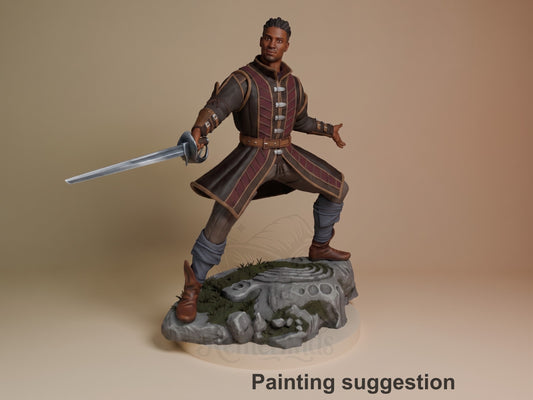 Wyll from Baldur's Gate 3D printed resin figure in dynamic sword-wielding pose on rocky base, fully painted with burgundy tunic and leather details against neutral background.