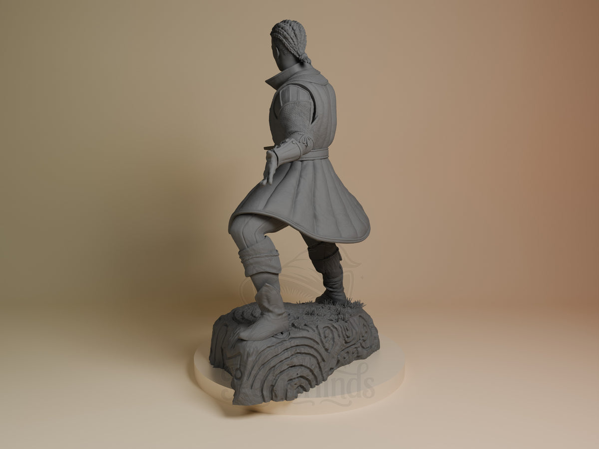 Wyll from Baldur's Gate 3D printed resin figure shown from left side angle, standing on ornate base, wearing flowing cloak and armor, unpainted gray resin.