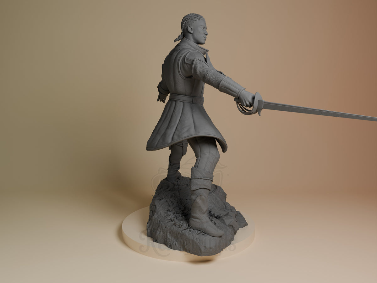Wyll resin figure shown from the right side in dynamic sword-wielding pose, unpainted gray finish, mounted on rocky base with cream platform.