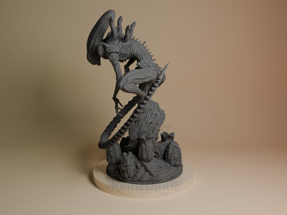Xenobeast Broodling resin figure shown at angle, displaying unpainted grey details with multiple heads, spines, and weaponry on textured base.
