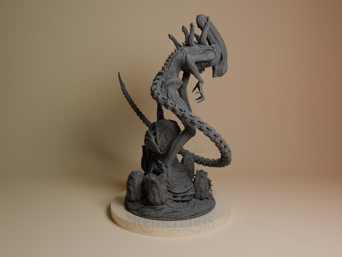 Xenobeast Broodling resin figure shown from back angle, unpainted gray, displaying elongated tail and hunched posture on cream base.