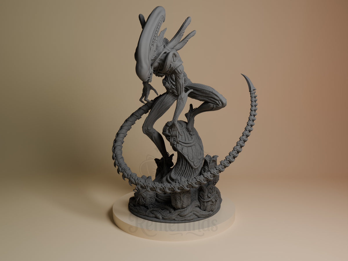 Xenobeast Broodling resin figure viewed from front, unpainted gray with segmented tail coiled around textured base and multiple limbs extended upward.