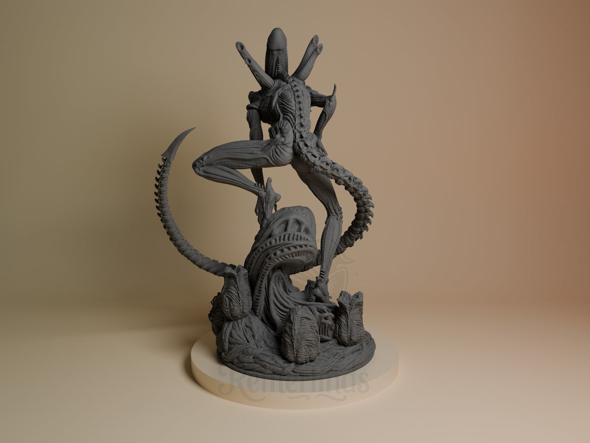 Xenobeast Broodling resin figure shown from left angle, unpainted gray with multiple writhing tentacles and elongated head, mounted on circular base.