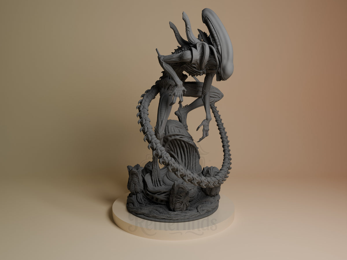 Xenobeast Broodling resin figure shown from the right side in an aggressive upright pose with extended arms and tail, unpainted gray resin on circular base.