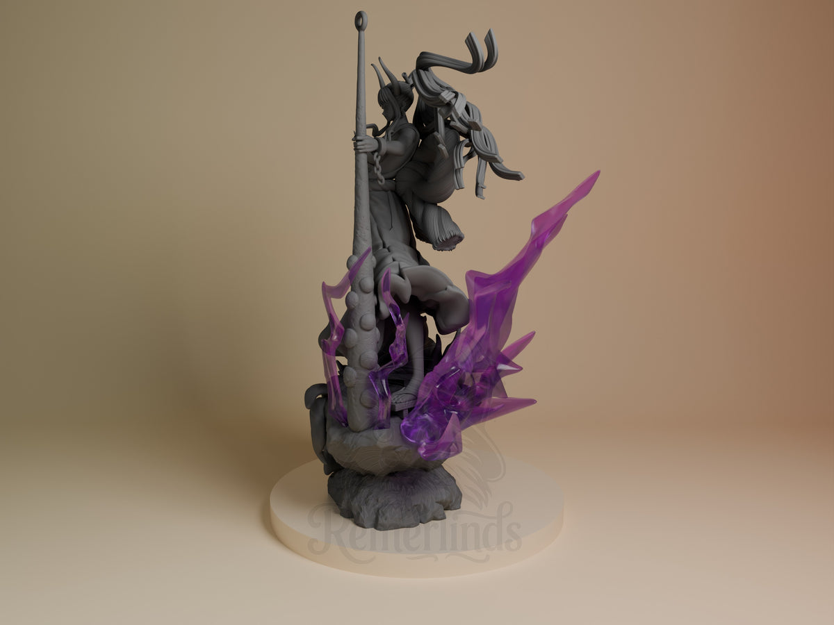 Yamato resin figure from One Piece shown at angle, displaying unpainted gray torso with purple magical effects base, painted black upper body and horned head holding staff.