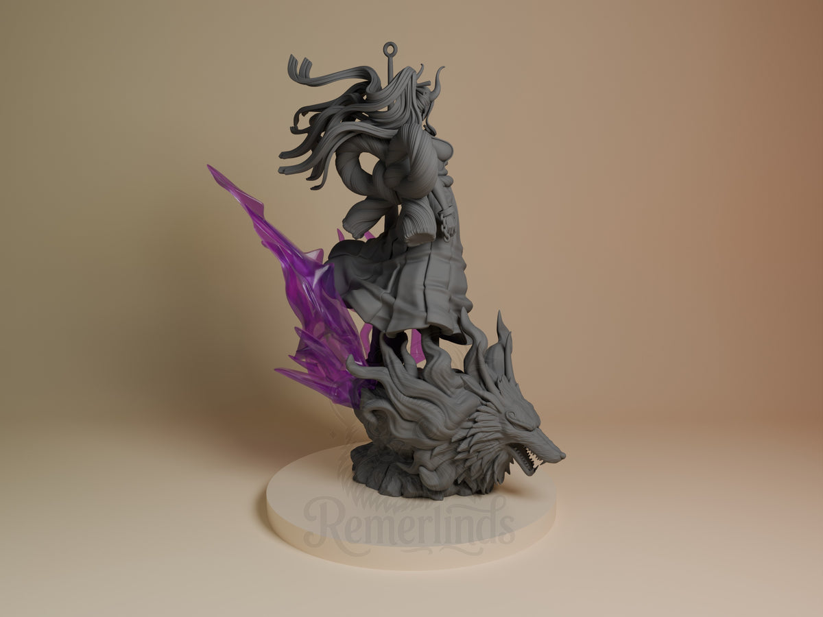 Yamato resin figure from One Piece shown from back angle, standing on beast form with purple energy effects, black and gray painted details on cream base.