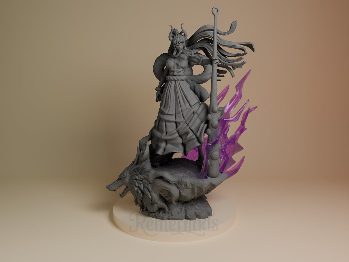 Yamato resin figure from One Piece, front view. Unpainted gray figure on beast form base with purple painted horns and flames, holding trident staff.